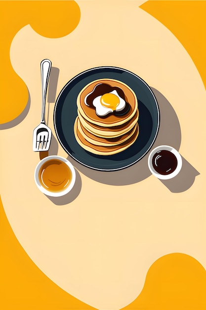 Illustration of a delicious breakfast with pancakes and honey on a plate