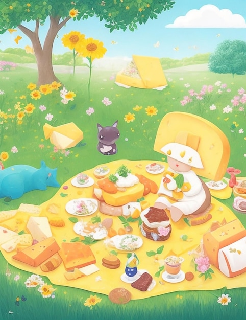 illustration of delicious cheese slices on a lush meadow