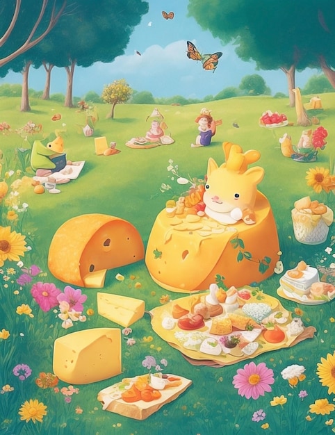 illustration of delicious cheese slices on a lush meadow