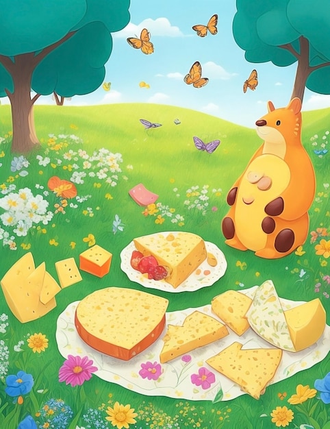 illustration of delicious cheese slices on a lush meadow