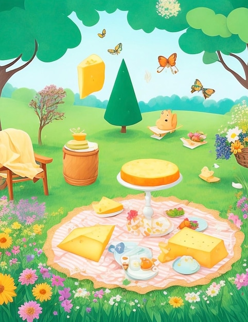 illustration of delicious cheese slices on a lush meadow