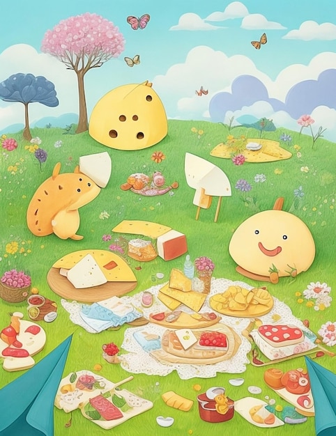 illustration of delicious cheese slices on a lush meadow