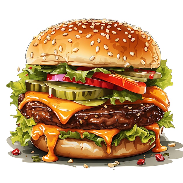 illustration of delicious cheesy burger white background