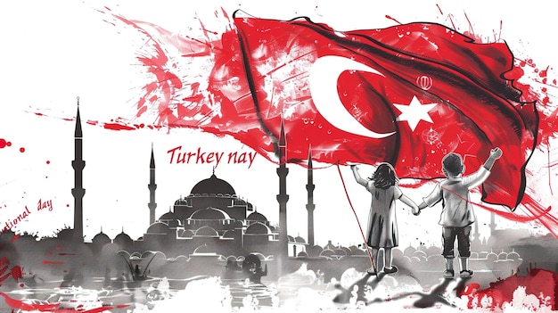 Photo illustration for democracy and national unity day in turkey with large turkish flag in grungy styleillustration