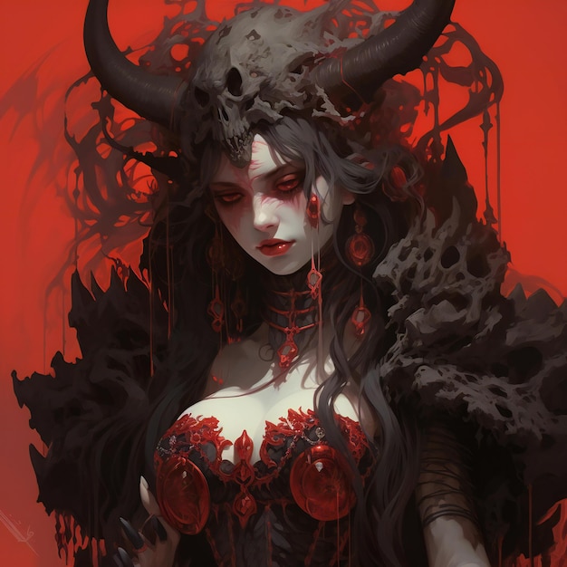 Illustration of a demon girl with blood on her face