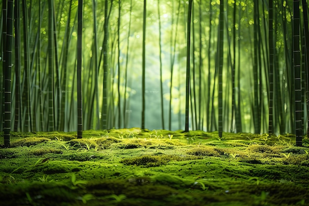 Illustration of dense bamboo forest with tall straight green stalks standing amidst the lush grass