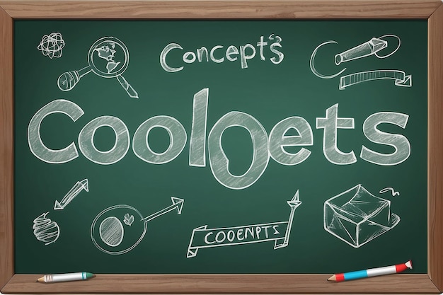 Illustration depicting a green chalkboard with the word concepts