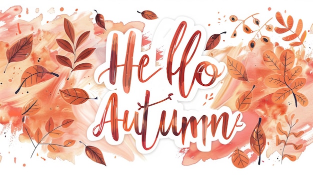 An illustration depicting the words Hello Autumn in white lettering with a red outline on a watercolor background