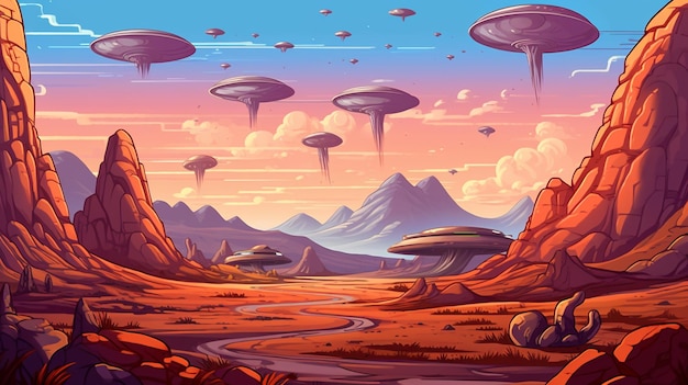 Illustration of a desert landscape with flying saucers and a stream generative ai