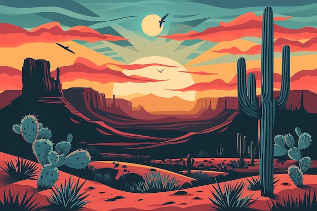 Illustration of a desert scene with a cactus and a bird flying in the sky