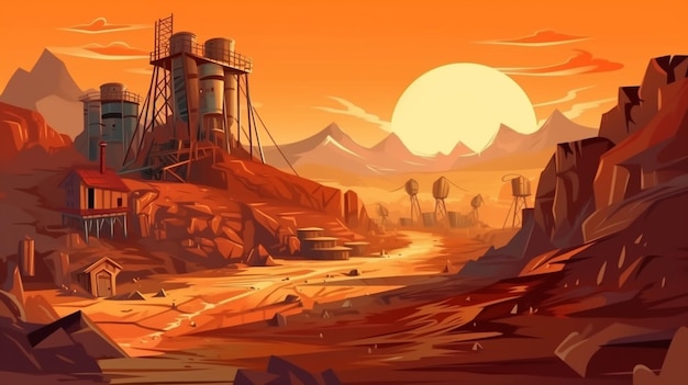 Illustration of a desert scene with a large building and a large tower generative ai