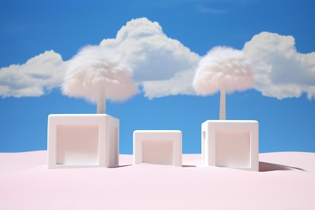 Illustration of desert with palm trees and clouds in the sky