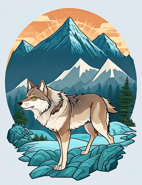 Illustration design of a wolf with a mountain background