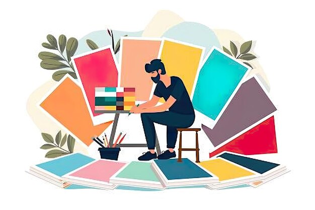 Photo illustration of designer choosing color palettes