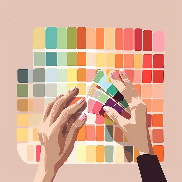 Photo illustration of a designer picking a color from a swatch neutral colors