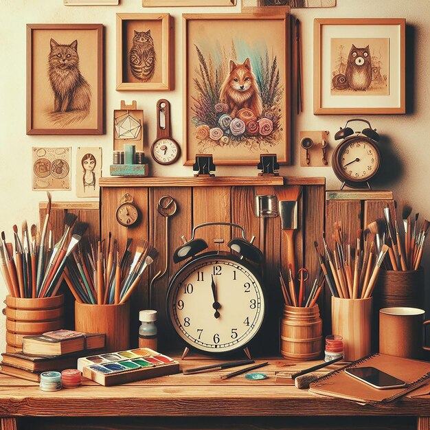 Photo illustration desk with clock clock wall