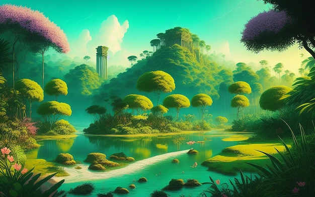 Illustration of a destroyed and ancient city in the middle of the jungle