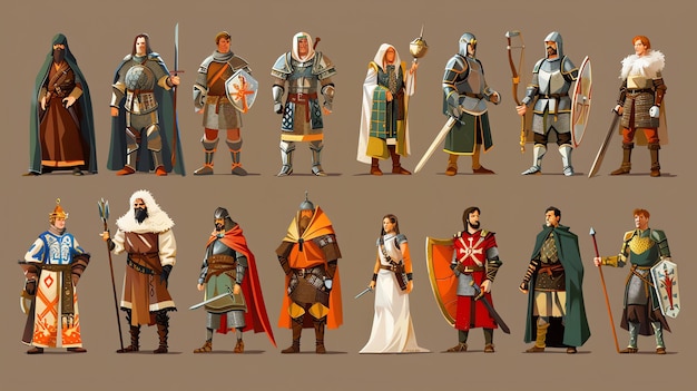 Photo an illustration of different medieval fantasy characters