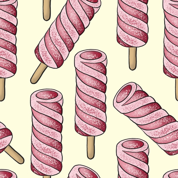 Illustration digital drawing ice cream seamless pattern of different shapes and colors on a yellow