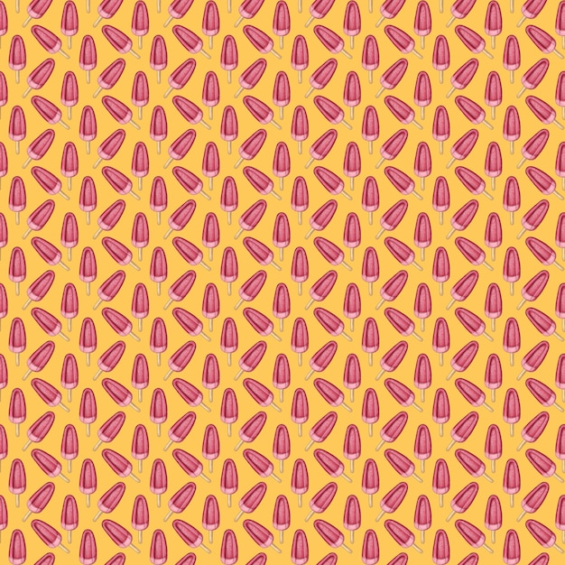 Illustration digital drawing ice cream seamless pattern of different shapes and colors on a yellow