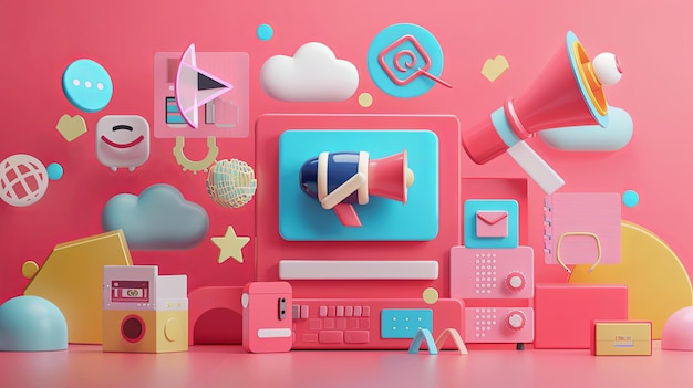 An illustration of a digital marketing concept with a pink and blue wall featuring a striking pink