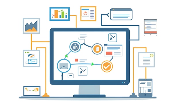 Photo illustration of digital workflow with a computer showcasing various data connections charts and notifications for efficient management