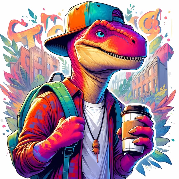 illustration of a dinosaur with a hat and a cap holding a cup of coffee