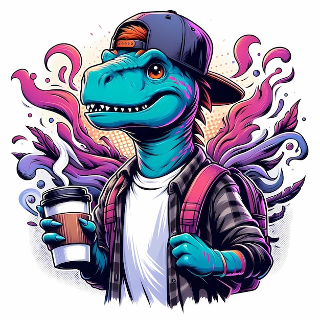 illustration of a dinosaur with a hat and a cap holding a cup of coffee