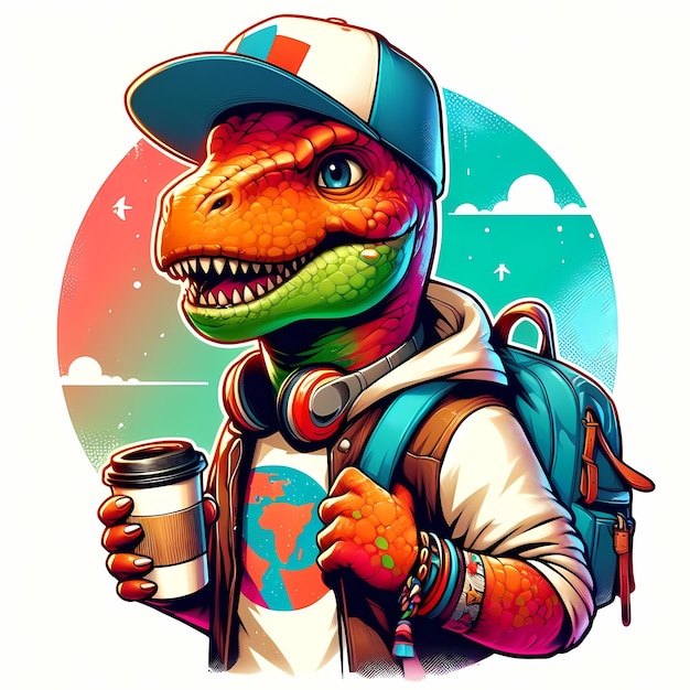 illustration of a dinosaur with a hat and a cap holding a cup of coffee