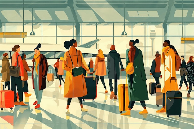 Illustration of diverse people at airport terminal with luggage Busy travelers from different