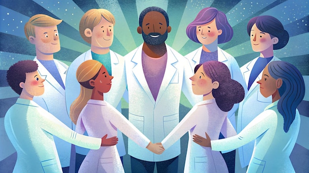 Photo illustration of diverse team of healthcare professionals in medical uniform showing their unity