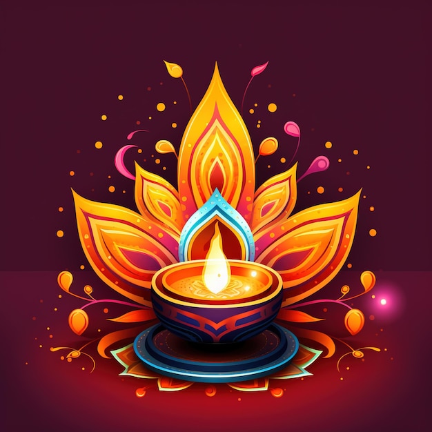 Illustration of Diwali festival Diya Lamp with rangoli at the bottom Ai Generated