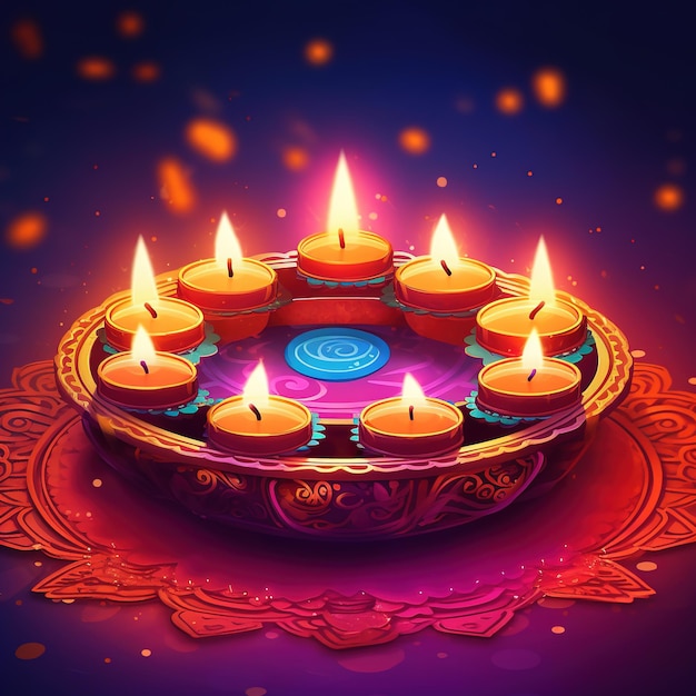 Illustration of Diwali festival Diya Lamp with rangoli at the bottom Ai Generated