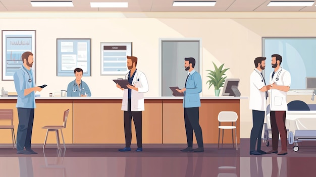 an illustration of doctors in a hospital with a doctor in the background