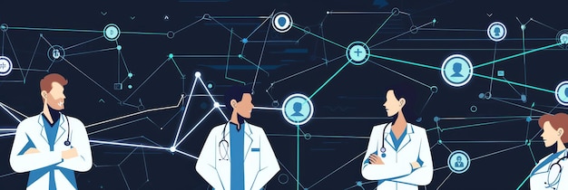 Photo illustration of doctors networked with healthcare icons digital illustration showing a network of healthcare professionals connected by medical icons signifying technology in medicine