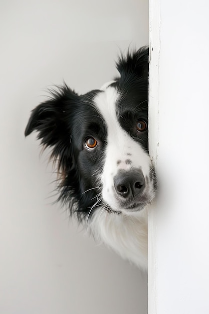 Photo illustration of a dog hiding in a corner and sneaking his head generative ai