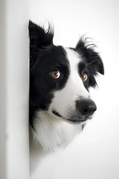 Photo illustration of a dog hiding in a corner and sneaking his head generative ai