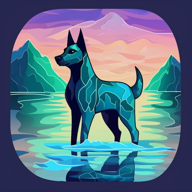 Illustration of a dog standing in the water with mountains in the background generative ai