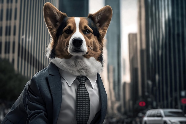 Illustration of a dog wearing a business suit for a stock market creative concept Generative Ai