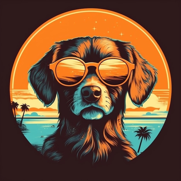 Illustration of a Dog Wearing Sunglasses Against a Cool Sunset Generative AI