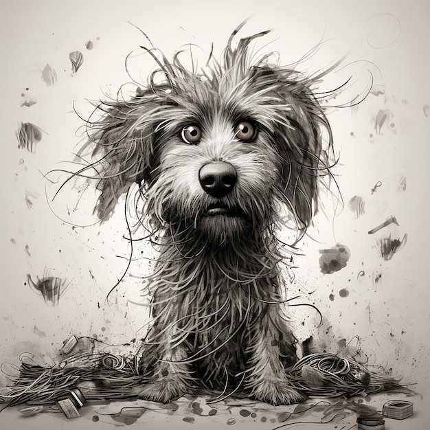 an illustration of a dog with messy hair