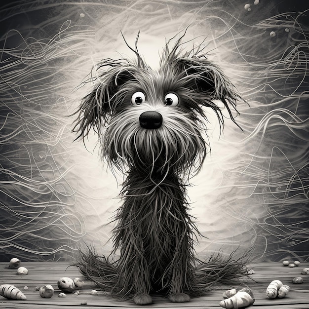 an illustration of a dog with messy hair