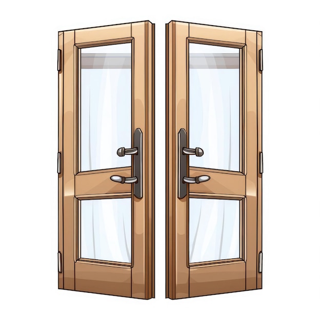 Photo illustration of a double wooden door with glass panels and curtains