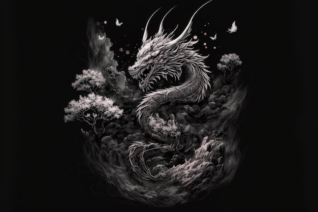 Illustration of a dragon in Japan On a dark background monochromatic