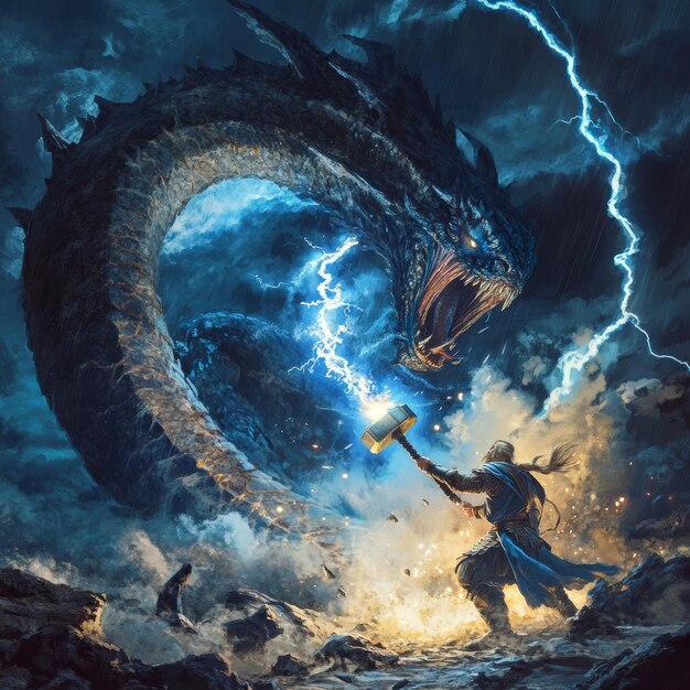 Illustration of a dragon with a hammer in a stormy sky