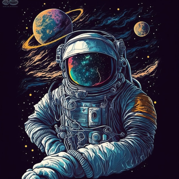 illustration drawing of cute astronaut in space generative ai