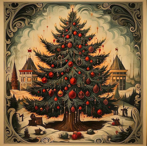 An illustration drawing picture of a christmas tree with a house in the background