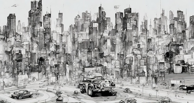 Illustration drawing style punk building city and car generative art by AI