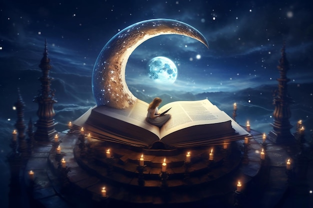 Illustration of a Dreamy Fairytale Scene Reading a Book Under the Crescent Moon Generated Ai