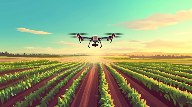 An illustration of a drone flying over a large field spraying crops with precision The drone is equipped with advanced sensors and nozzles hovering just above the crops releasing a fine mist of